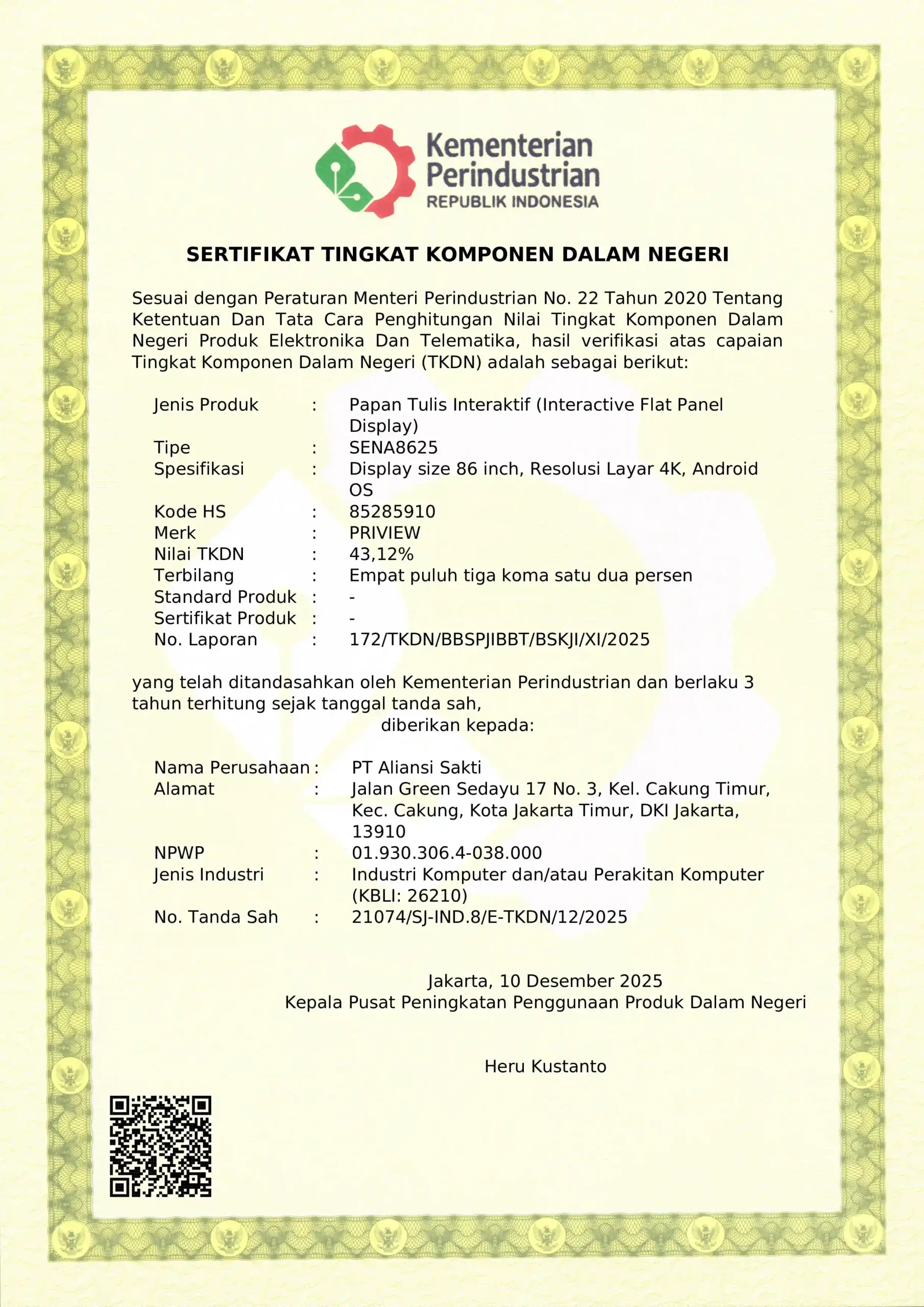 Sertifikat TKDN SENA 86